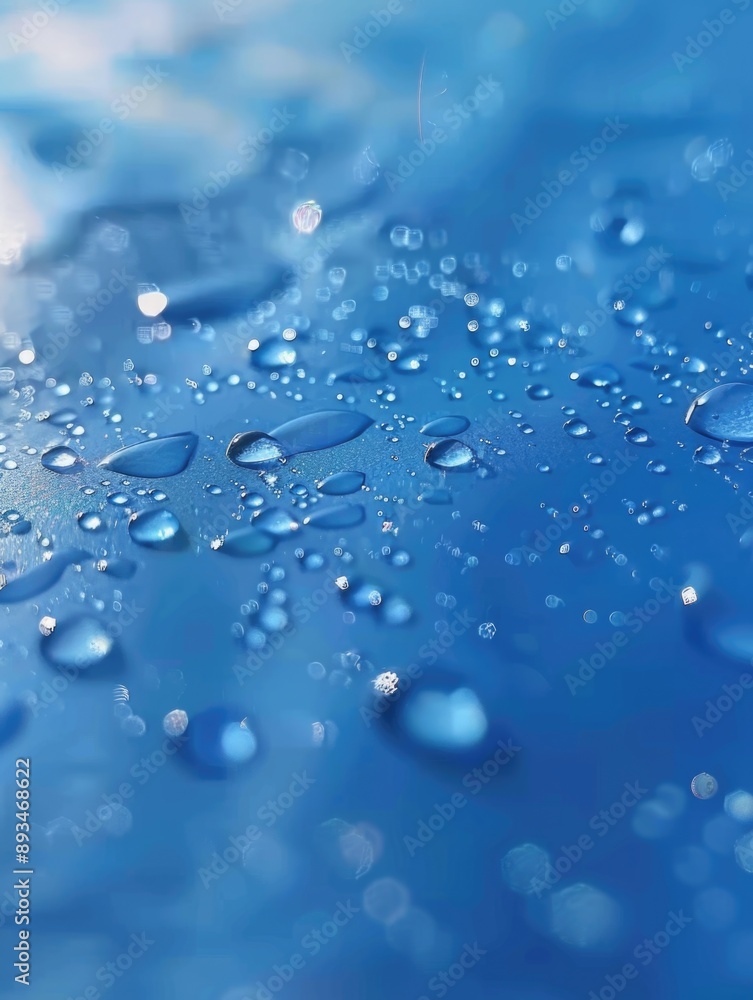 Close-up view of water droplets on a blue surface, perfect for use in science or technology illustrations Close-up view of water droplets on a blue surface, perfect for use in science or technology illustrations