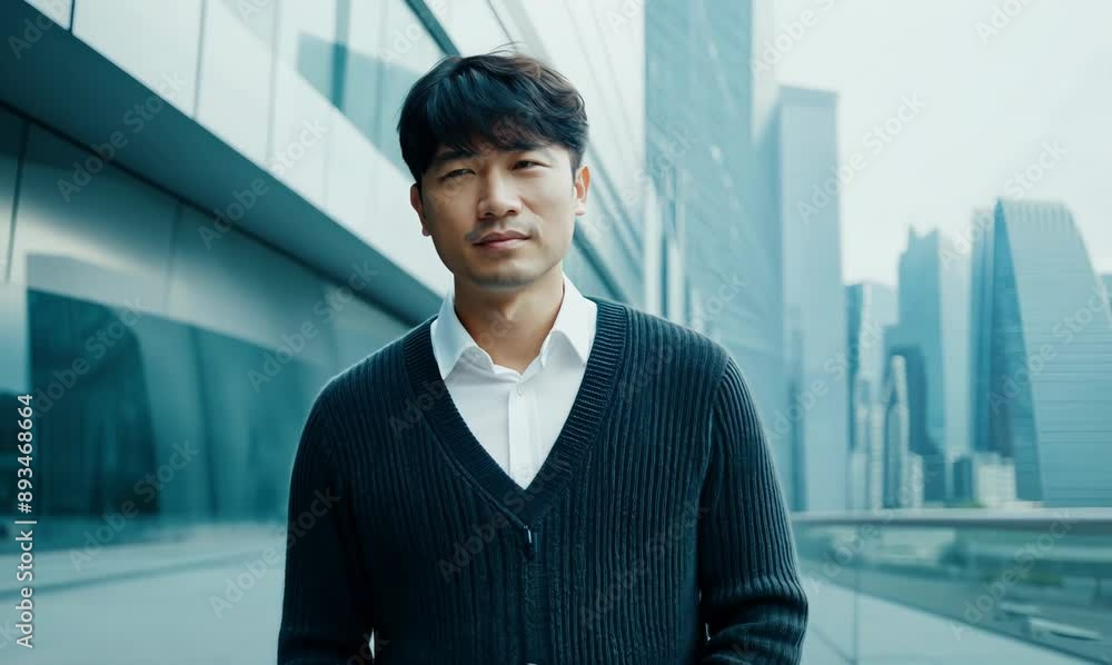 Portrait of a Chinese man in his 40s in a modern architectural background wearing a chic cardigan Portrait of a Chinese man in his 40s in a modern architectural background wearing a chic cardigan