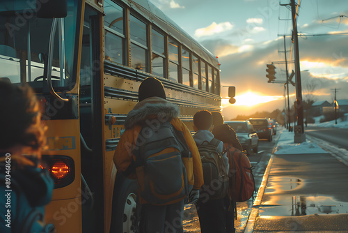 Children boarding a school bus waiting at a stop to take them to school, capturing the routine of a school day and the anticipation of learning. The scene highlights the excitement and readiness of st