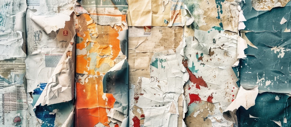 Naklejka premium Vintage collage of old, ripped posters and crumpled paper with a textured surface for a copy space image.
