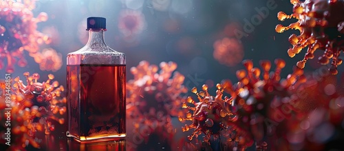 Alcohol bottle presented in a viral epidemic influenza themed copy space image. photo