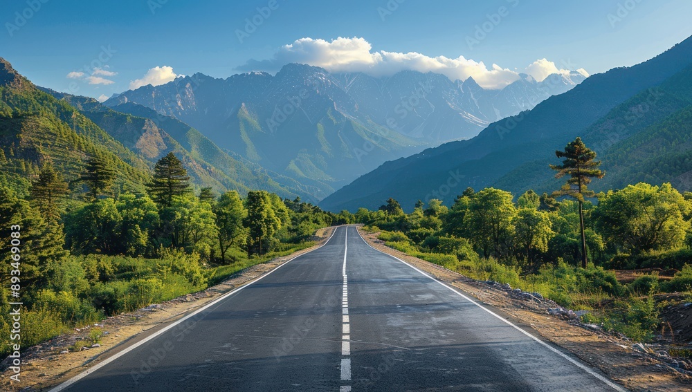 Naklejka premium Asphalt Road Through Majestic Mountains