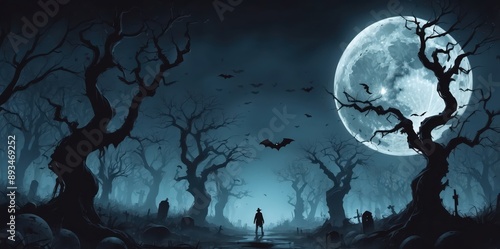 full moon and bats in a spooky forest 