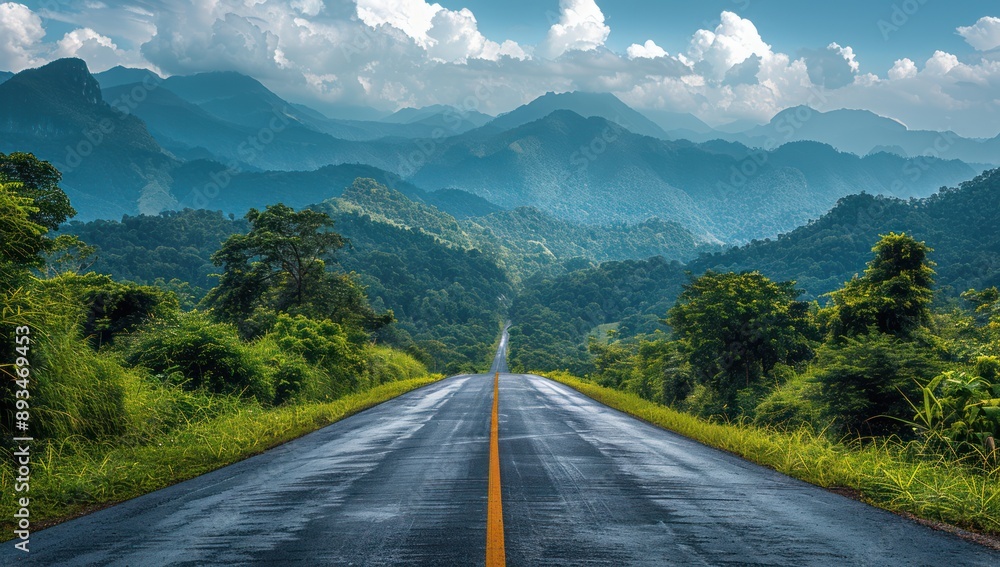 Fototapeta premium Asphalt Road Winding Through Lush Green Mountains