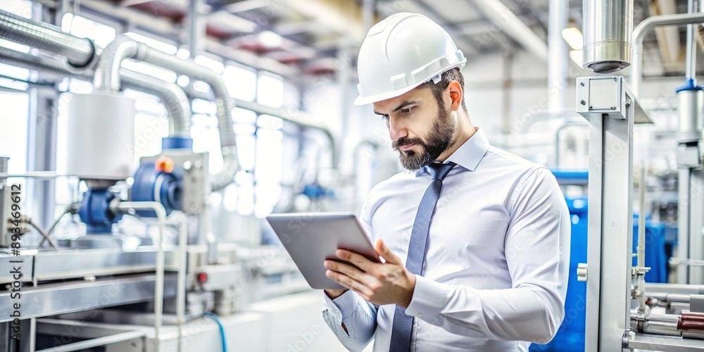 Industrial Engineer Monitoring Machinery with Digital Tablet. A focused industrial engineer in a hard hat uses a digital tablet to check systems in a high-tech factory setting. Industrial Engineer Monitoring Machinery with Digital Tablet. A focused industrial engineer in a hard hat uses a digital tablet to check systems in a high-tech factory setting.