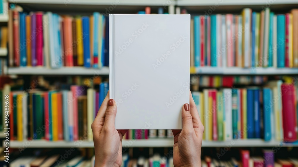 A blank book cover held in front of a bookshelf filled with colorful books A blank book cover held in front of a bookshelf filled with colorful books