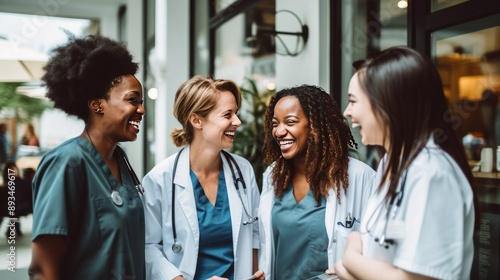 Photograph of a diverse group of doctors walking together through a bustling hospital lobby in the morning, chatting and laughing