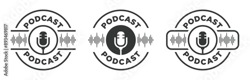 Podcast logo icon microphone vector design waveform set isolated. Podcast logos emblem circle with audio sound wave icons in black color