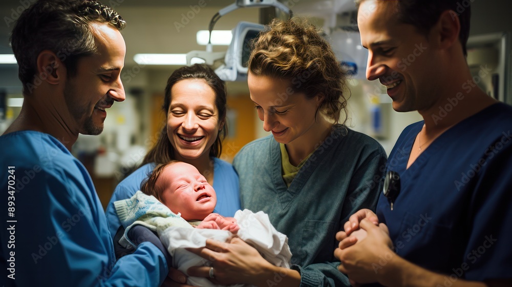Obraz premium Photograph of a doctor celebrating with a newborn baby and its parents after a successful delivery, capturing the sense of relief and accomplishment.