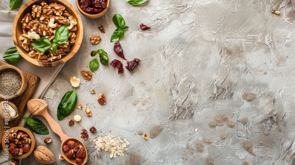 Assorted nuts and dried fruits with basil leaves Assorted nuts and dried fruits with basil leaves