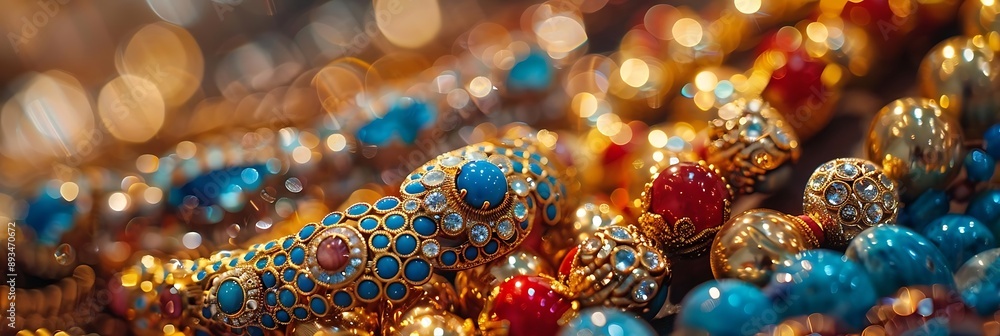 Close Up of Blue and Gold Jewelery with Bokeh Lights Close Up of Blue and Gold Jewelery with Bokeh Lights