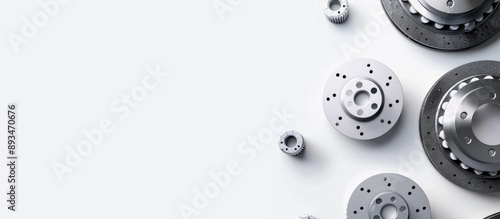 Spare car brake parts displayed diagonally on a flat white background with available copy space image. photo