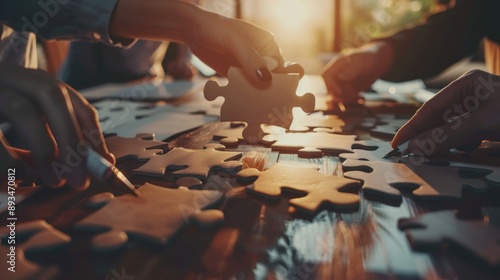 Hands of a team working together to solve a puzzle