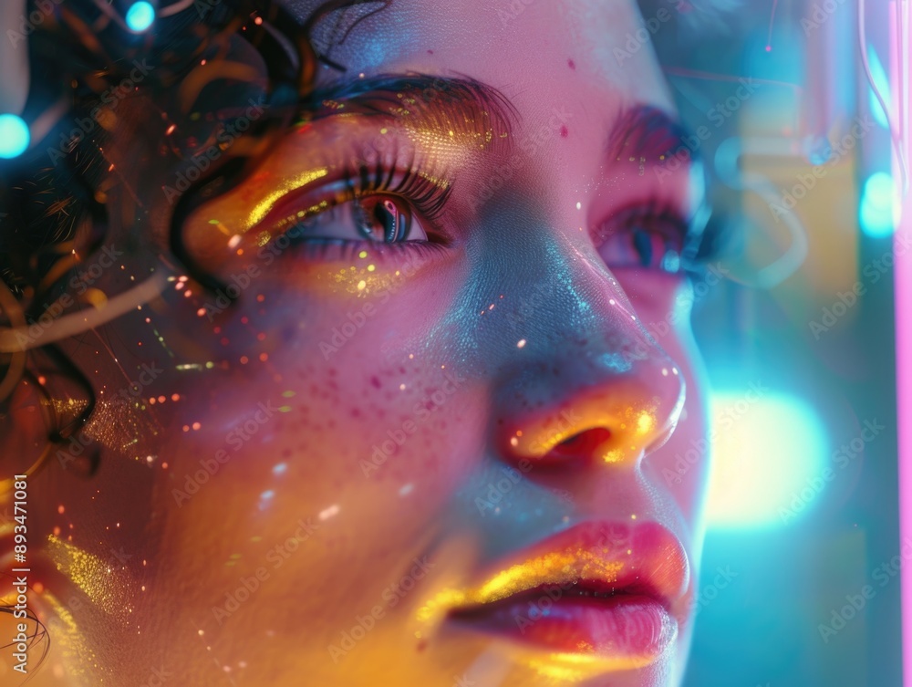 A close-up shot of a woman's face with sparkly glitter makeup A close-up shot of a woman's face with sparkly glitter makeup