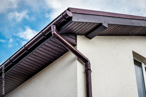 Lateral coated metal panel, rain gutter and rain water pipe at a roof