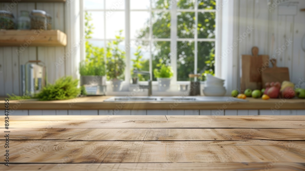 Bare wooden table in front of blurred kitchen window. Ideal for product or food display. Bare wooden table in front of blurred kitchen window. Ideal for product or food display.