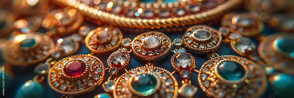 Closeup of Golden Jewelry with Gemstones Photo Closeup of Golden Jewelry with Gemstones Photo