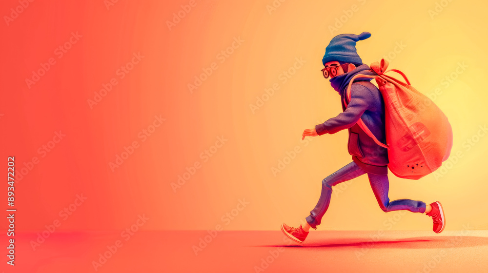 Thief running away with stolen goods over shoulder Thief running away with stolen goods over shoulder