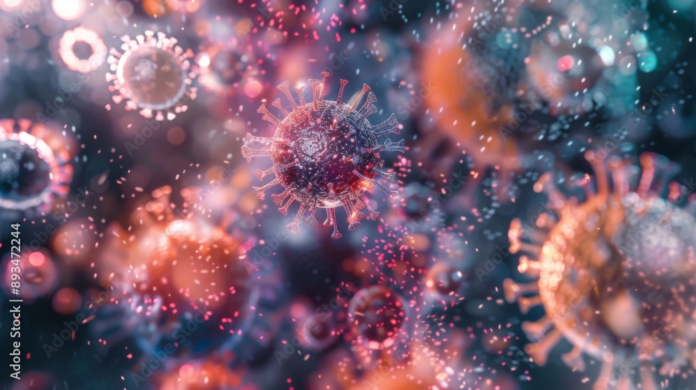 Fototapeta premium Colorful Viruses under microscope, Dangerous influenza or coronavirus cells for background