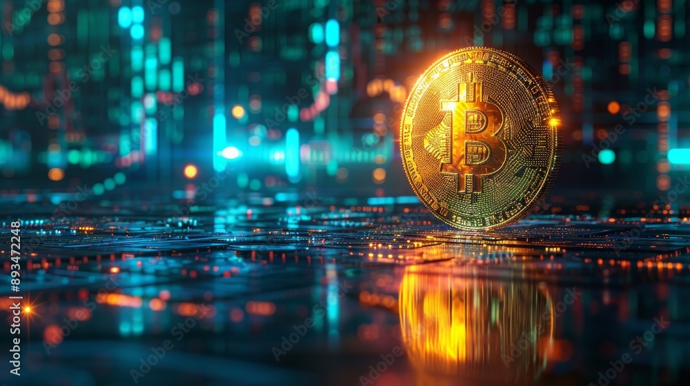 Vivid macro shot of a Bitcoin coin on a digital motherboard, glowing in a sea of blue and orange lights – Concept of cryptocurrency, innovation, and financial technology Vivid macro shot of a Bitcoin coin on a digital motherboard, glowing in a sea of blue and orange lights – Concept of cryptocurrency, innovation, and financial technology
