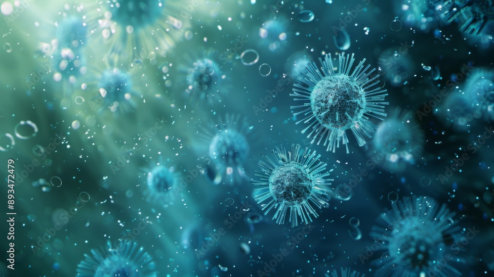 Fototapeta premium Colorful Viruses under microscope, Dangerous influenza or coronavirus cells for background