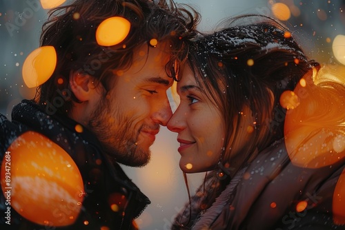 Romantic couple in love sharing an intimate moment, surrounded by vibrant bokeh lights, creating a warm and dreamy atmosphere.