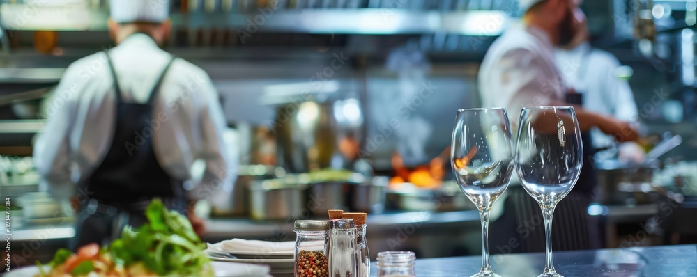 A restaurant table with glasses and condiments in the foreground chefs cooking in the background. A restaurant table with glasses and condiments in the foreground chefs cooking in the background.