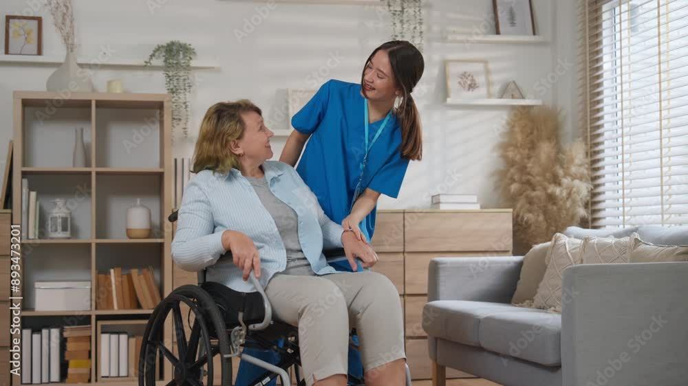 Caring Nurse Assisting Elderly Woman in Wheelchair at Home, Providing Compassionate Home Care in a Comfortable Living Room Setting Caring Nurse Assisting Elderly Woman in Wheelchair at Home, Providing Compassionate Home Care in a Comfortable Living Room Setting