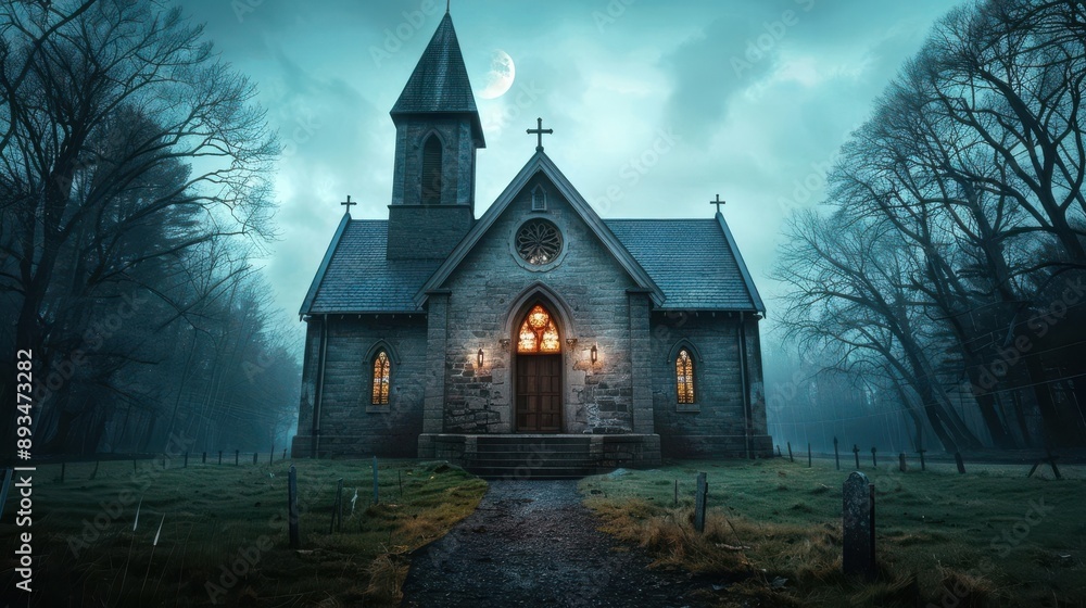 Eerie chapel surrounded by fog and gravestones, evoking mystery at night Eerie chapel surrounded by fog and gravestones, evoking mystery at night