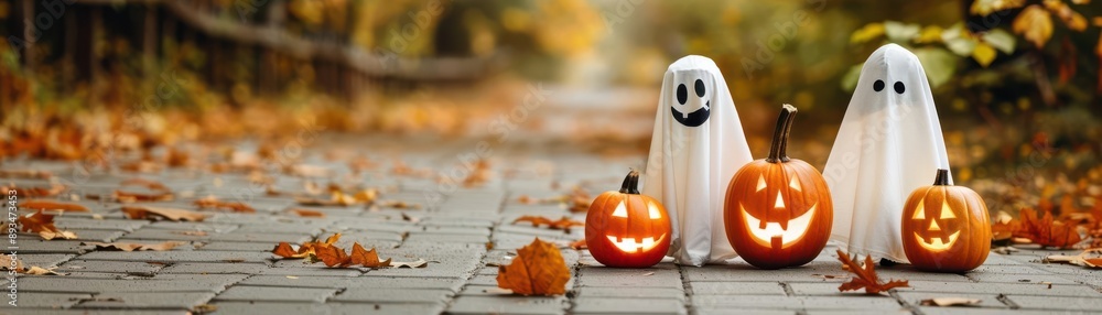 Family in matching ghost costumes with personalized touches and Halloween pumpkins Family in matching ghost costumes with personalized touches and Halloween pumpkins