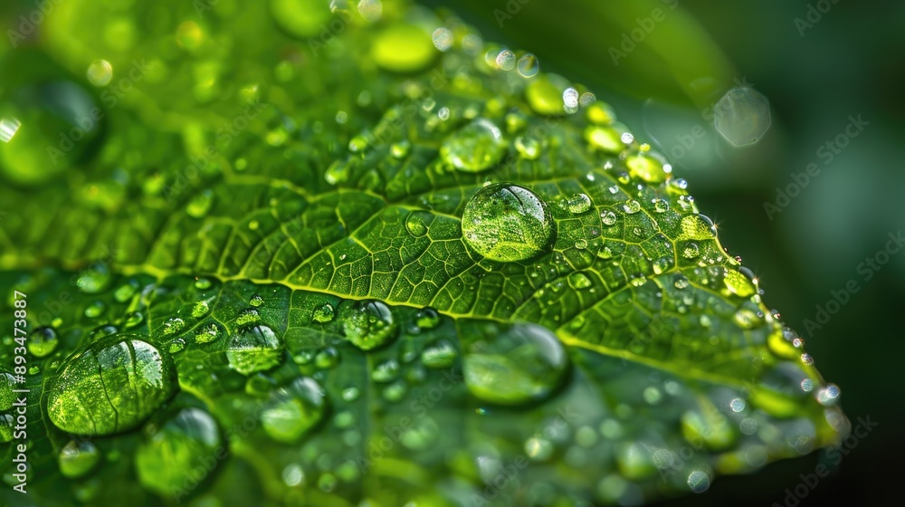 Close-up of dew drops on a bright green leaf with sharp details Close-up of dew drops on a bright green leaf with sharp details