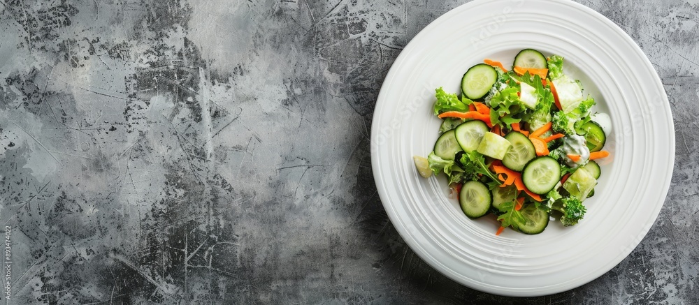 Minimalist style photo of a green salad with cucumbers and carrots on a white plate against a grey backdrop with a horizontal orientation and space for text. copy space available Minimalist style photo of a green salad with cucumbers and carrots on a white plate against a grey backdrop with a horizontal orientation and space for text. copy space available