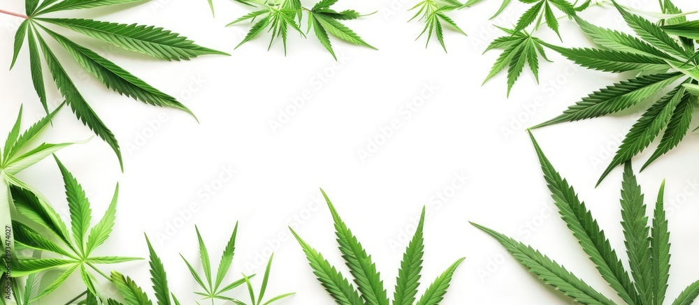 Green cannabis sativa leaves and CBD oil in a frame isolated on a white background with copy space image Green cannabis sativa leaves and CBD oil in a frame isolated on a white background with copy space image