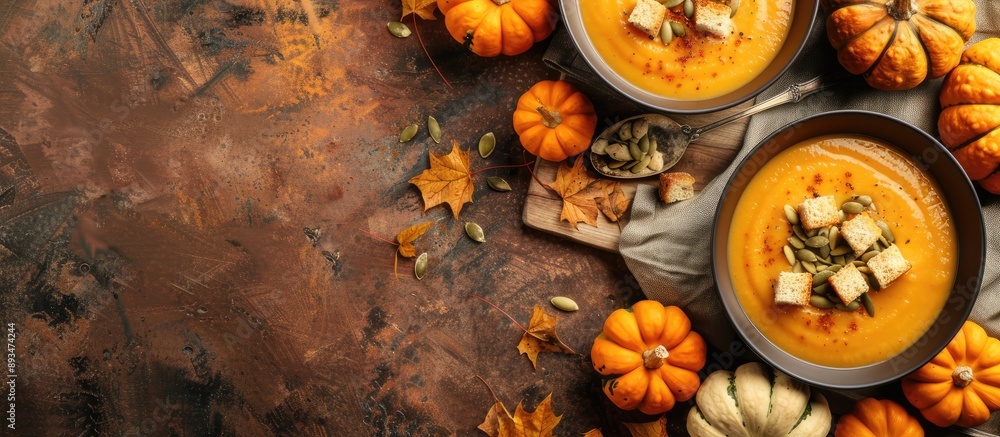 Top view of pumpkin soup with croutons and seeds next to organic pumpkins with copy space image Top view of pumpkin soup with croutons and seeds next to organic pumpkins with copy space image