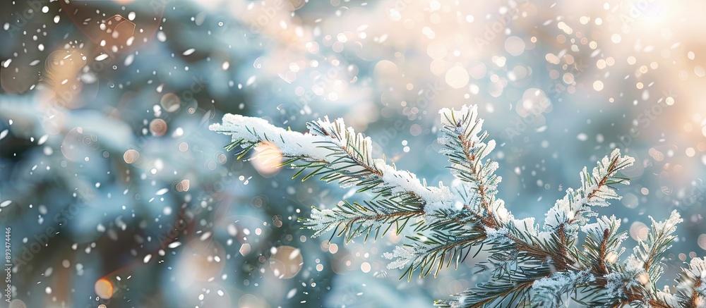 Snow covered fir branches in a serene winter setting with gently falling snowflakes create a calming winter backdrop with ample copy space image Snow covered fir branches in a serene winter setting with gently falling snowflakes create a calming winter backdrop with ample copy space image