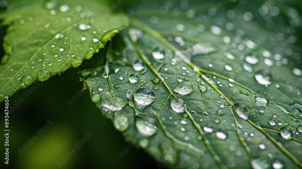 Close-up of water droplets on a fresh leaf with intricate details Close-up of water droplets on a fresh leaf with intricate details