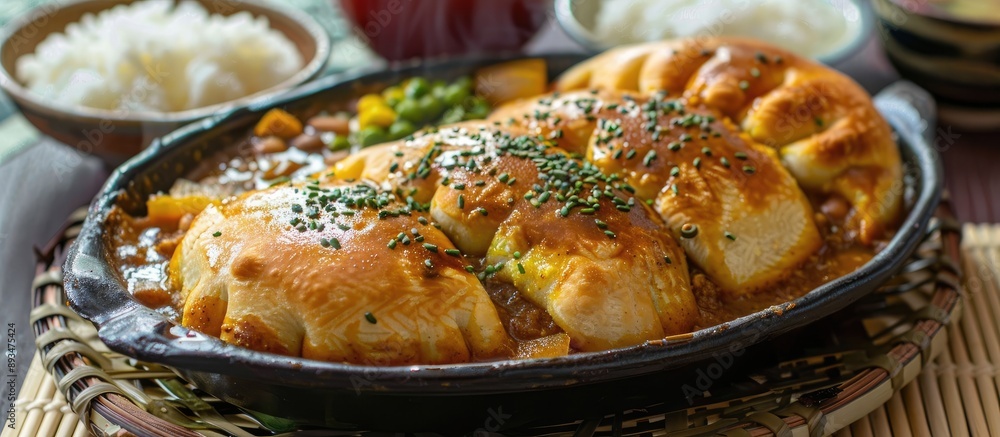 Japanese curry bread a popular dish filled with flavorful curry enclosed in a warm breaded crust often enjoyed as a delightful snack or meal. copy space available Japanese curry bread a popular dish filled with flavorful curry enclosed in a warm breaded crust often enjoyed as a delightful snack or meal. copy space available