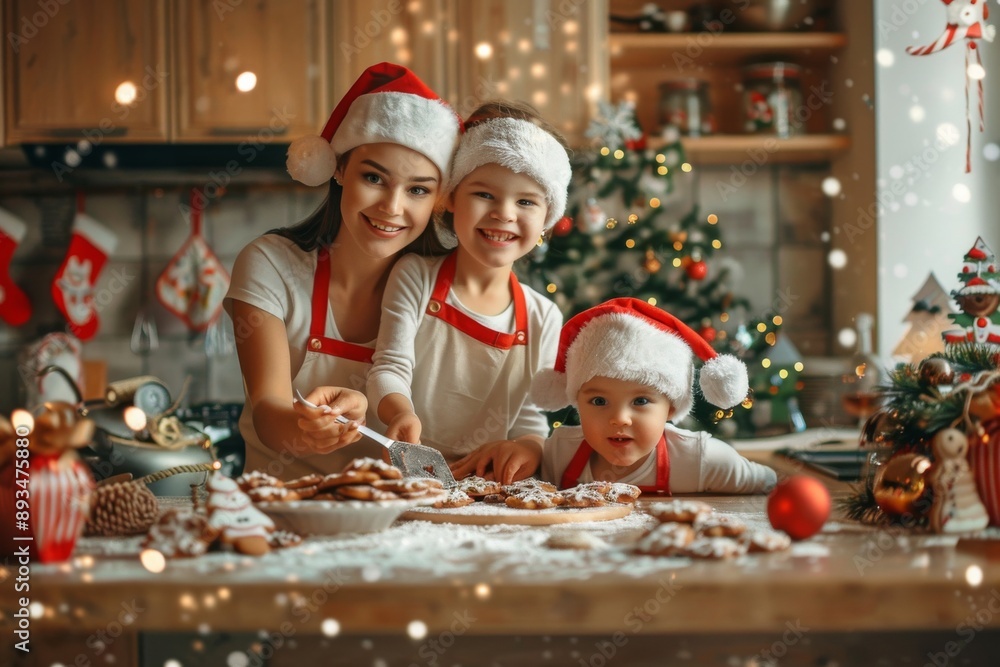 During the festive season, the family is happily baking Christmas cookies together in their cozy kitchen creating joyful memories with love, a heartwarming celebration of togetherness During the festive season, the family is happily baking Christmas cookies together in their cozy kitchen creating joyful memories with love, a heartwarming celebration of togetherness