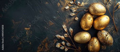 Easter theme with decorated golden eggs and willow feathers on a stylish grunge black background Minimalistic flat lay with ample copy space image