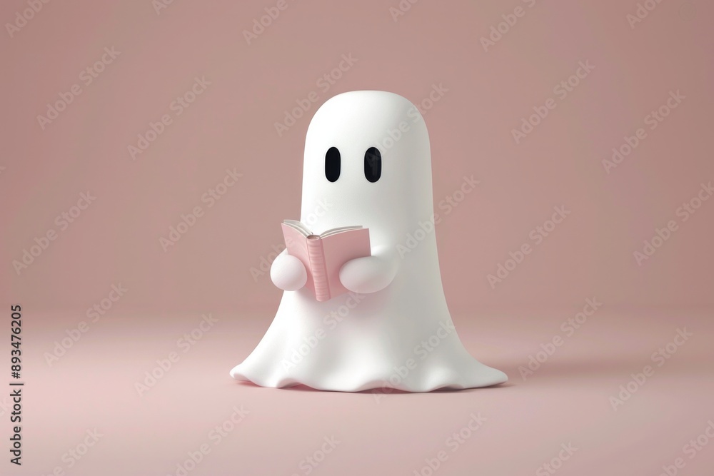 A 3D cartoon white ghost holding a book, with a simple minimalist design A 3D cartoon white ghost holding a book, with a simple minimalist design