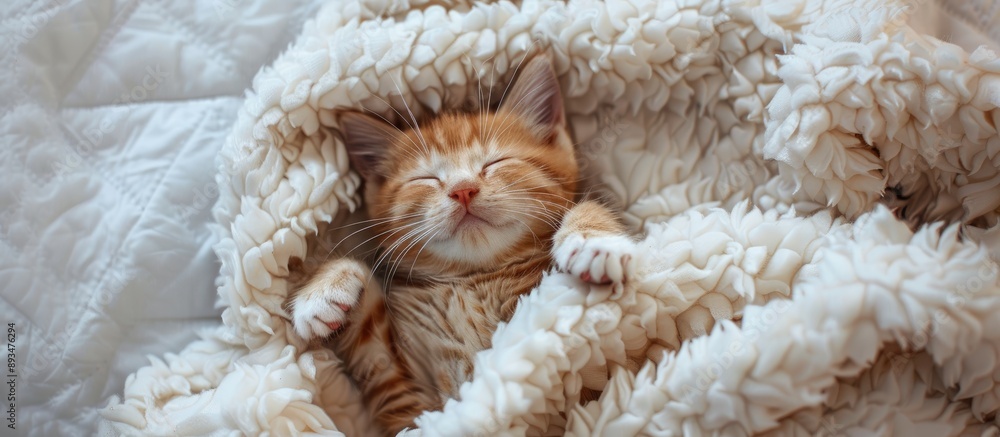 A small red kitten peacefully asleep with a plush white blanket creating a serene and heartwarming copy space image A small red kitten peacefully asleep with a plush white blanket creating a serene and heartwarming copy space image
