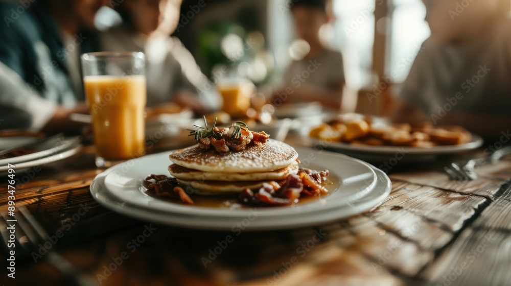 A stack of pancakes topped with bacon and syrup on a white plate, surrounded by breakfast items and a glass of juice, capturing a cozy breakfast scene. A stack of pancakes topped with bacon and syrup on a white plate, surrounded by breakfast items and a glass of juice, capturing a cozy breakfast scene.