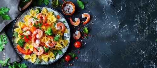 Plate with colorful bowtie pasta shrimp and veggies from a bird s eye view on a table with copy space image photo