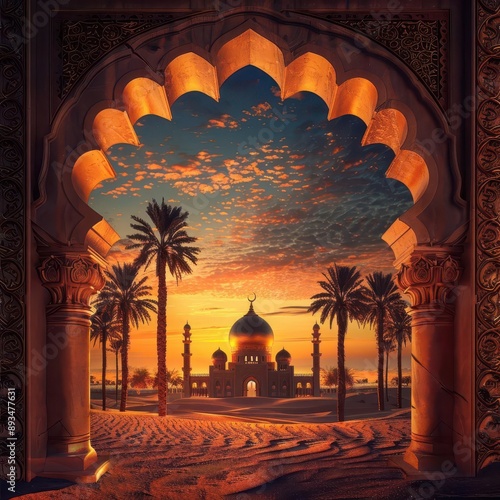 ornate islamic archway framing a serene desert oasis at sunset with a goldendomed mosque silhouetted against a warm vibrant sky photo