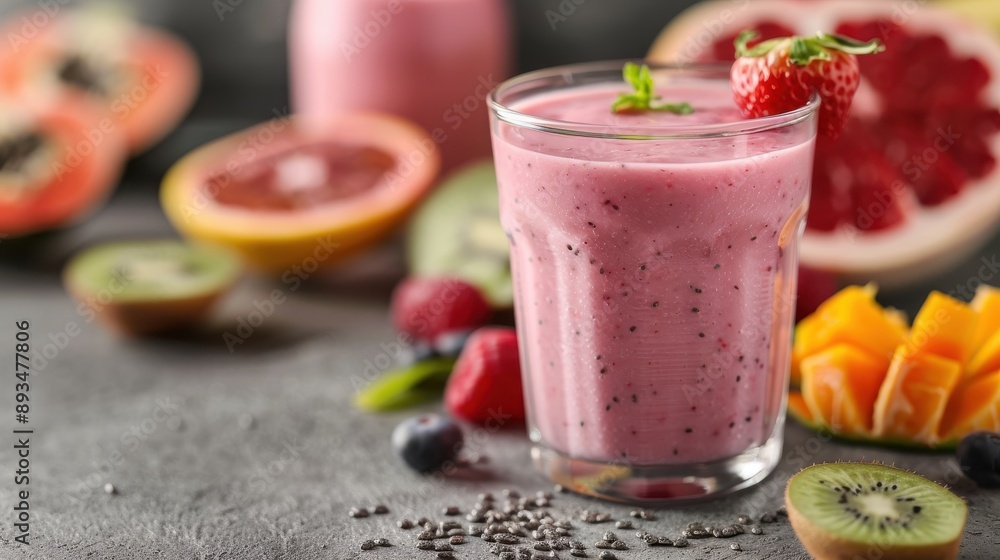 A delectable pink smoothie in a clear glass surrounded by an assortment of tropical fruits such as strawberries, kiwi, papaya, and grapefruit, topped with a sprig of mint. A delectable pink smoothie in a clear glass surrounded by an assortment of tropical fruits such as strawberries, kiwi, papaya, and grapefruit, topped with a sprig of mint.