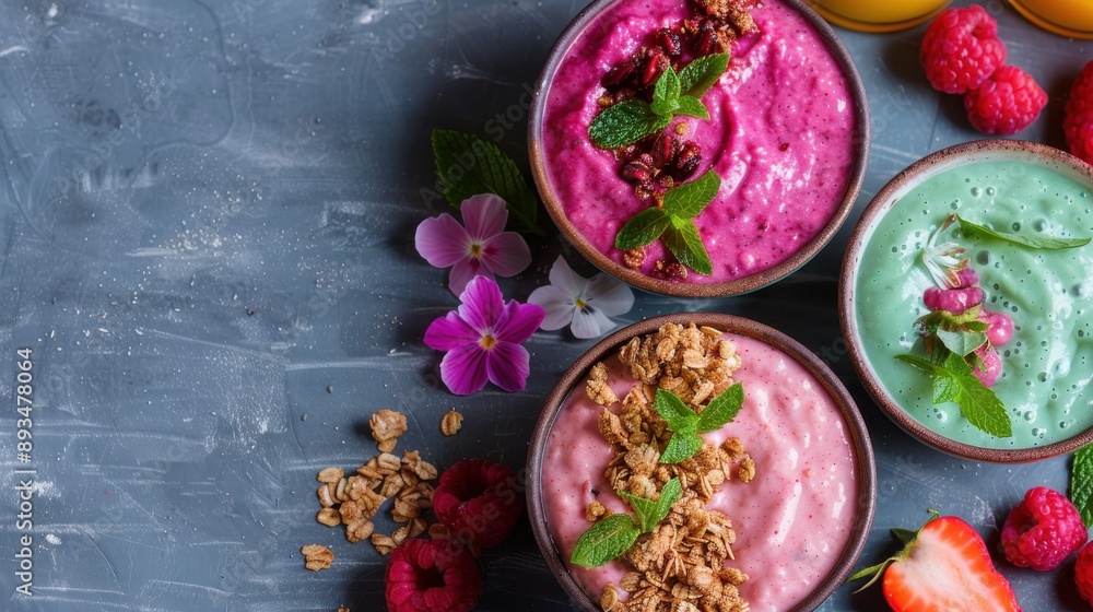 A collection of smoothie bowls with pink, green, and purple smoothies garnished with granola, mint leaves, raspberries, strawberries, and fresh flowers on a grey surface. A collection of smoothie bowls with pink, green, and purple smoothies garnished with granola, mint leaves, raspberries, strawberries, and fresh flowers on a grey surface.