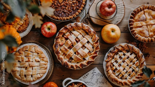 Beautifully baked pies and fall decorations closeup image. Festive atmosphere. Overhead thanksgiving desserts close up photography. Traditional homemade food concept photo realistic photo