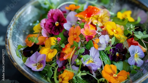 a colorful salad with edible flowers and microgreens, beautifully presented like a botanical painting