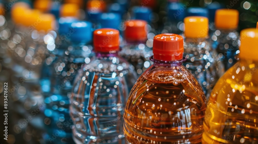 A Row of Plastic Water Bottles With Orange and Blue Caps in a Grocery Store. Generative AI A Row of Plastic Water Bottles With Orange and Blue Caps in a Grocery Store. Generative AI