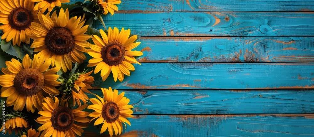 Obraz premium A frame constructed with lovely sunflowers against a bright wooden backdrop provides a charming display with copy space image